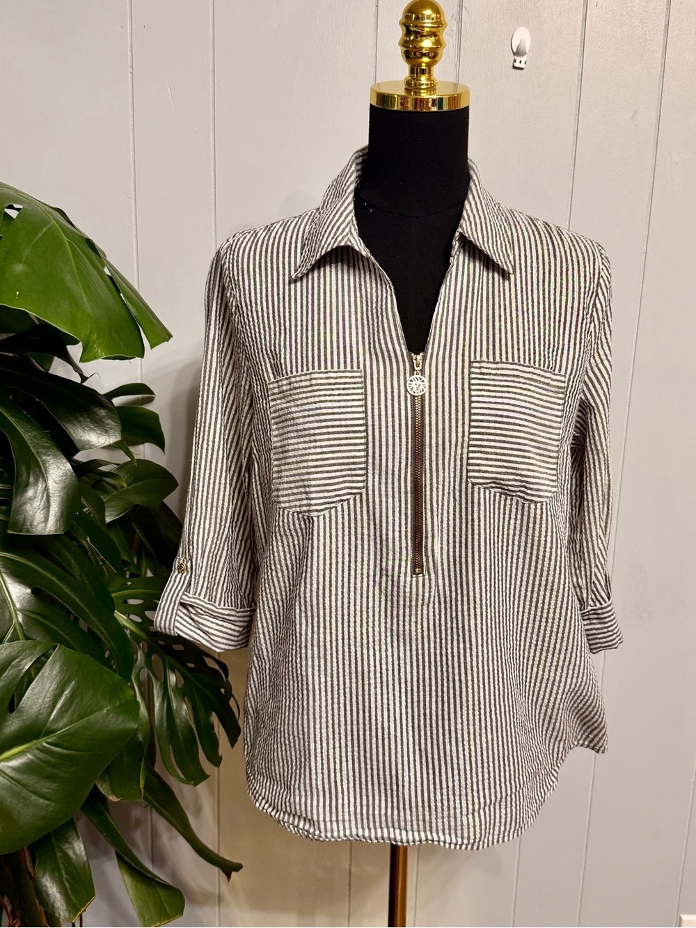 #8) Anne Klein Black, White & Gold Striped half zip shirt ( photo #2 true color